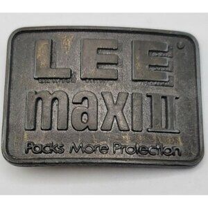 1970's Belt Buckle Vintage LEE MAXI II Packs More Protection Brass Tone 3x2 3/4"